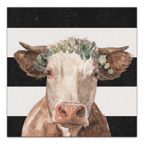 Cow On Stripes With Crown 24x24 Canvas Wall Art