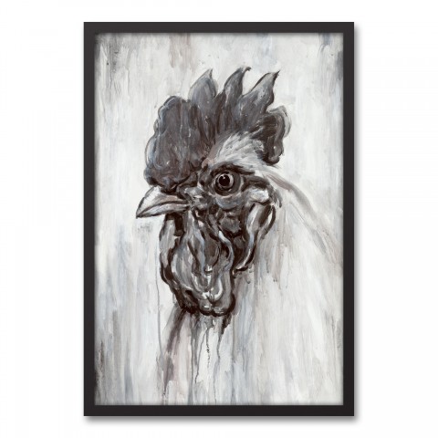B&W Painted Rooster 20x30 Black Framed Canvas