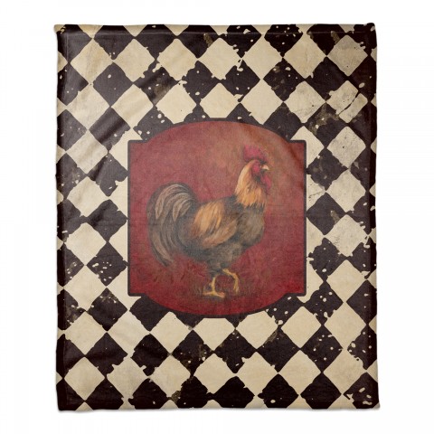 Distressed White Black Tile Pattern With Rooster 50x60 Coral Fleece Blanket