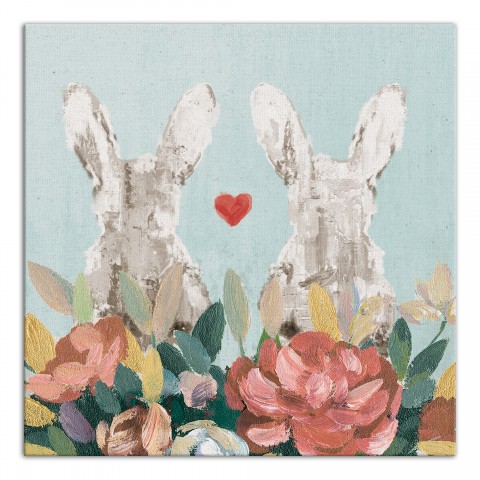Bunny Couple Flowers  16x16 Canvas Wall Art