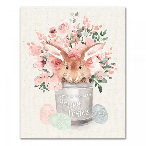 Easter Bunny Floral Bucket  16x20 Canvas Wall Art
