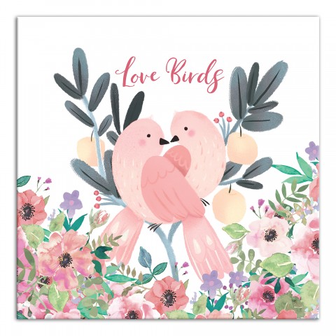 Two Love Birds And Flowers  12x12 Canvas Wall Art