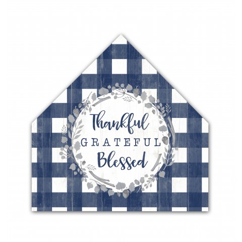 Thankful Blue Plaid 17x17 House Shaped Canvas