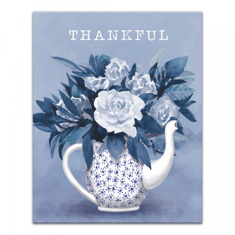 Thankful Teapot With Flowers 16x20 Canvas Wall Art