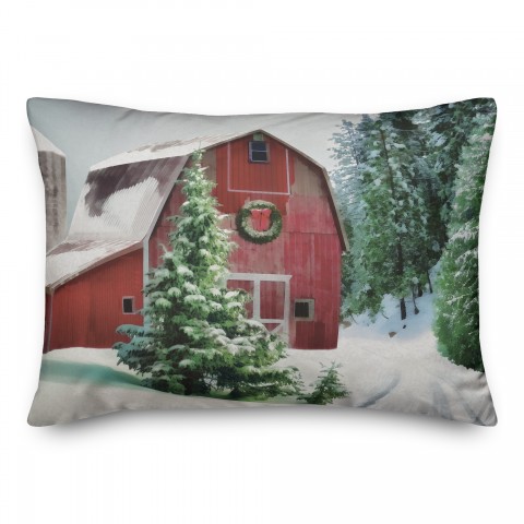 Painted Snowy Red Barn Snow 14x20 Spun Poly Pillow