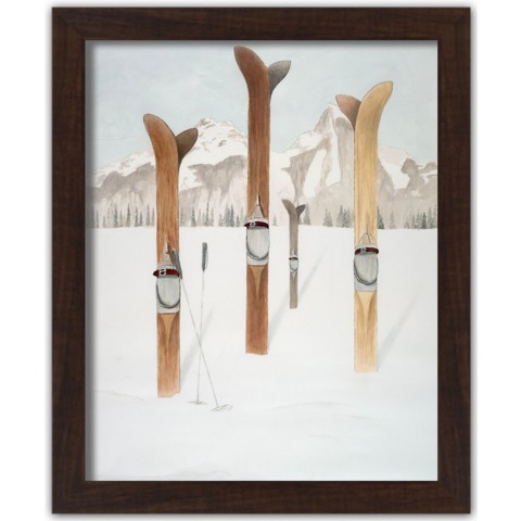 Painted Skis In Snow 16x20 Black Framed Print Under Glass