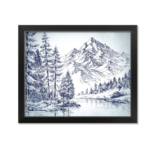 Mountain Forest Drawing Blue 20X16 Black Framed Print Under Glass