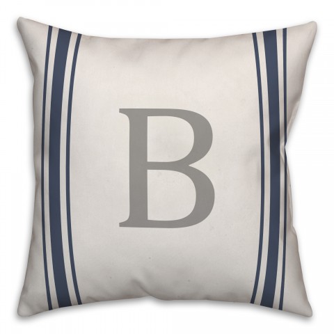 Blue Farmhouse Stripe Monogram 18x18 Personalized Spun Poly Pillow