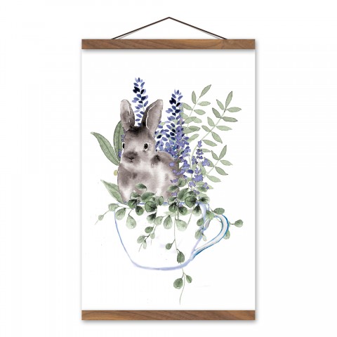 Bunny In Teacup Floral 12x18 Teak Hanging Canvas