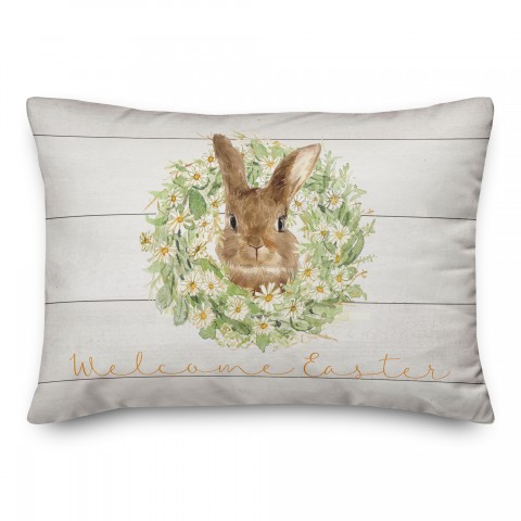 Welcome Easter Bunny Wreath 2 14x20 Indoor / Outdoor Pillow