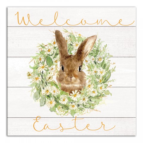 Welcome Easter Bunny Wreath 24x24 Canvas Wall Art
