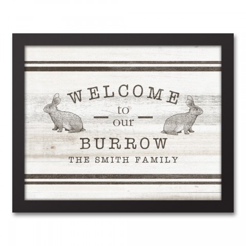 Welcome Burrow Bunny Personalized 11x14 Black Floating Framed Canvas