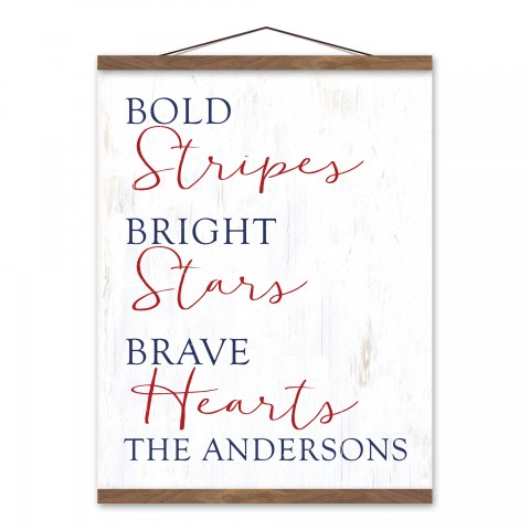 Bold Stripes Bright Stars Personalized 16x20 Teak Hanging Canvas