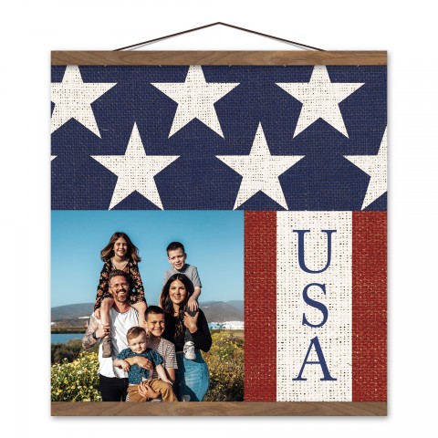 USA Flag Personalized 16x16 Teak Hanging Canvas