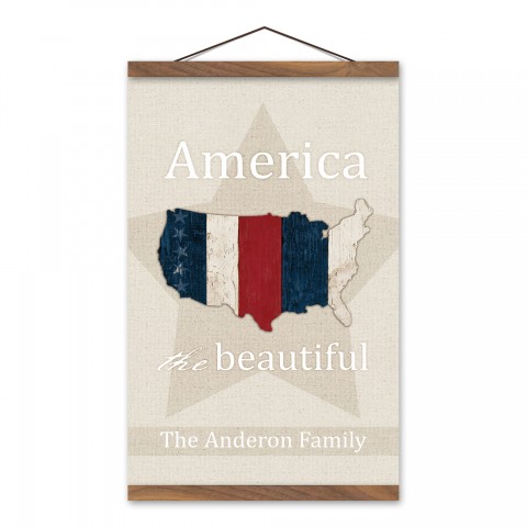 America the Beautiful Personalized 12x18 Teak Hanging Canvas