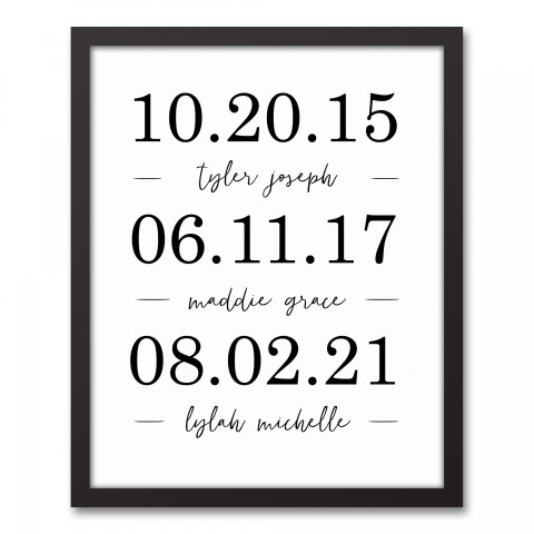 Kid's Name Dates Personalized 16x20 Black Framed Canvas