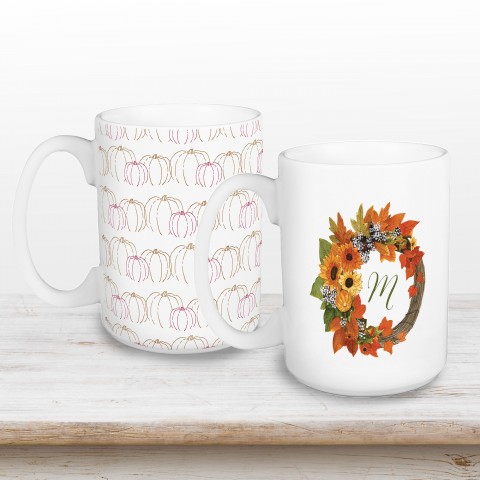 Harvest Monogram Wreath Personalized 15 oz Mug