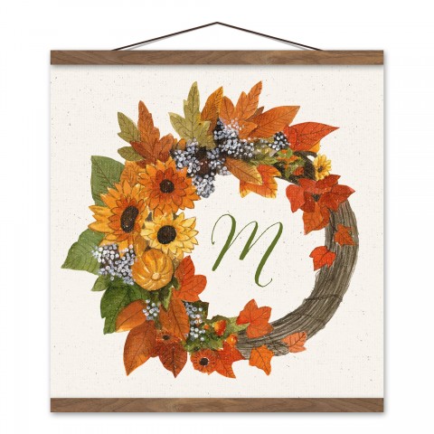 Monogram Harvest Wreath Personalized 16x16 Teak Hanging Canvas