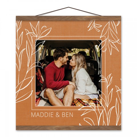 Burnt Orange Leaf Outline Personalized 16x16 Teak Hanging Canvas