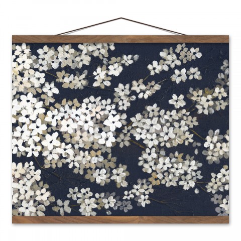 White Blossoms on Navy 16 x 20 Teak Hanging Canvas