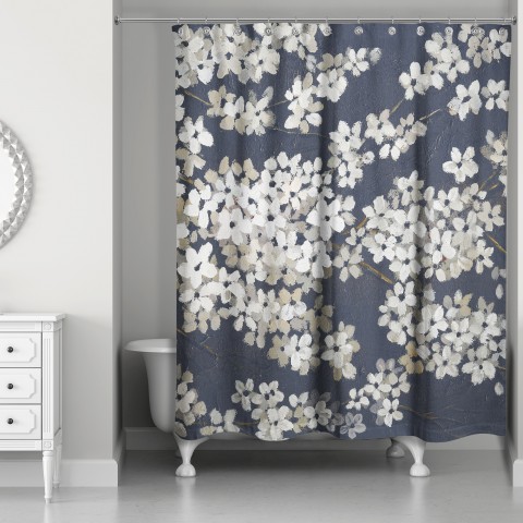 White Blossoms on Navy 71 x 74 Shower Curtain