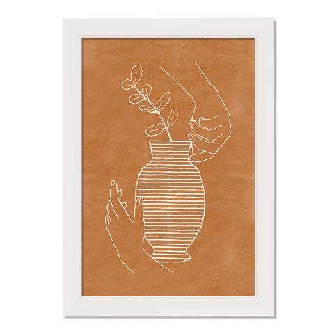 White Drawn Vase on Orange 12 x 16 White Framed Print Under Plexiglass