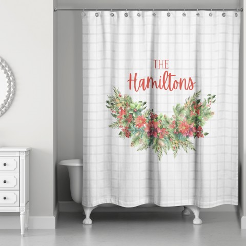 Holly Wreath Check Personalized 71 x 74 Shower Curtain