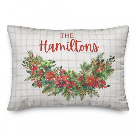 Holly Wreath Check Personalized 20 x 14 Indoor / Outdoor Pillow