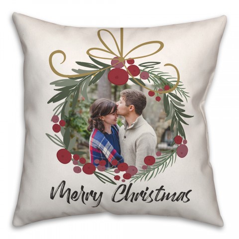 Merry Christmas Photo Wreath Personalized 18 x 18 Indoor / Outdoor Pillow