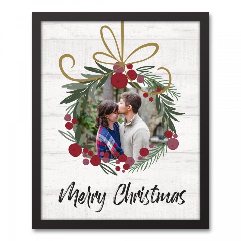 Merry Christmas Photo Wreath Personalized 17.73 x 21.73 Black Framed Canvas