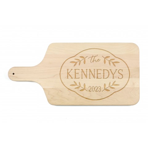 Family Name Leaf Border Personalized 17 x 8 Maple Paddle Cutting Board