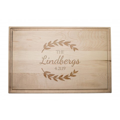 Family Name Laurel Wreath Personalized 17 x 11 Maple Cutting Board