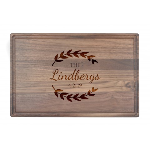 Family Name Laurel Wreath Personalized 17 x 11 Walnut Cutting Board
