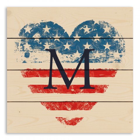 Americana Heart Monogram Personalized 14 x 14 Pallet Wood Art