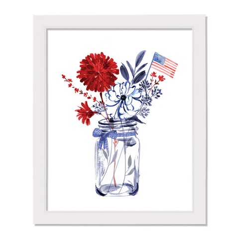 Mason Jar Patriotic Florals 17.63 x 21.63 White Framed Canvas