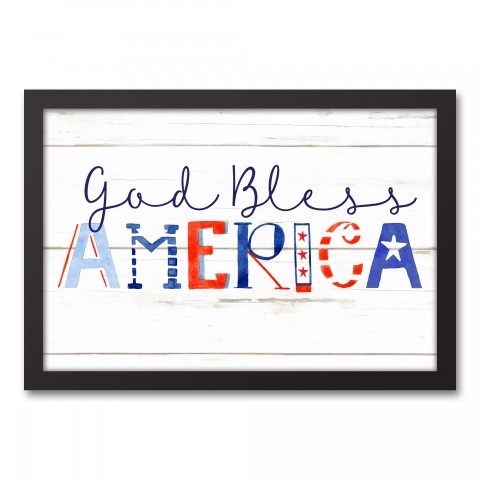 God Bless America Typography 19.73 x 13.73 Black Framed Canvas