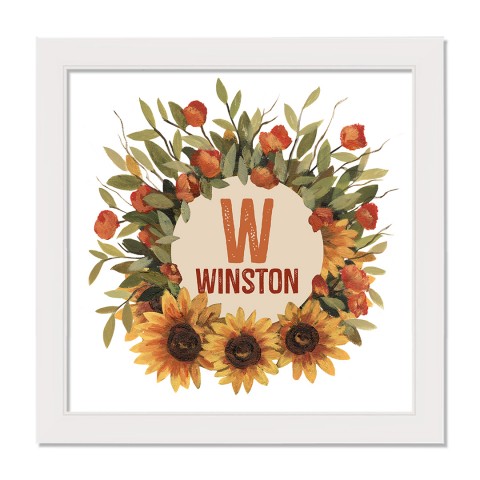 Fall Floral Monogram Personalized 16 x 16 White Framed Print Under Plexiglass