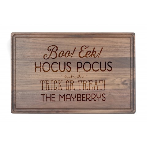 Boo Eek Hocus Pocus Trick or Treat Personalized 17 x 11 Walnut Cutting Board