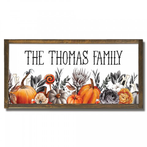 Halloween Botanicals Border Personalized 12 x 24 Framed Wood Plaque