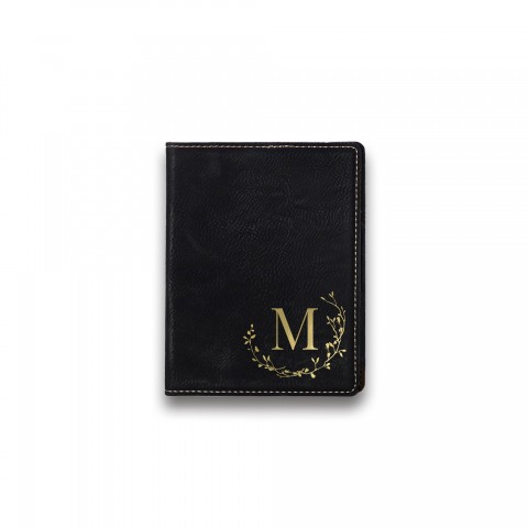 Delicate Twig Wreath Monogram Personalized 4.5 x 5.5 Black Leather Passport Holder