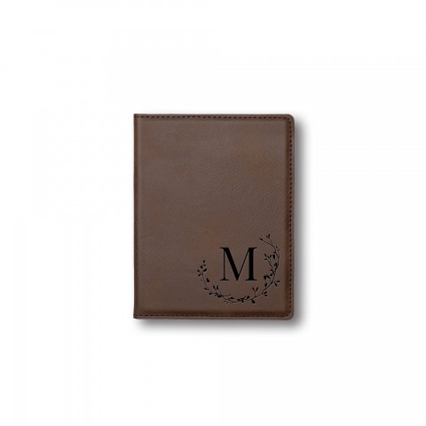 Delicate Twig Wreath Monogram Personalized 4.5 x 5.5 Brown Leather Passport Holder