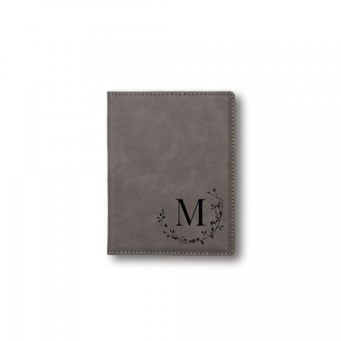 Delicate Twig Wreath Monogram Personalized 4.5 x 5.5 Gray Leather Passport Holder