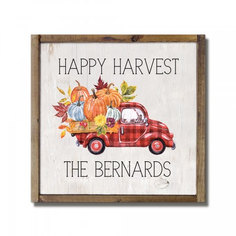 Happy Harvest Plaid Truck Personalized 9.5 x 9.5 Framed Wood Plaque