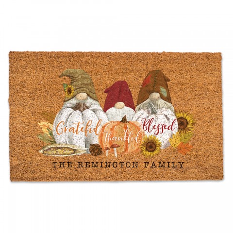 Grateful Thankful Blessed Gnomes Personalized 30 x 18 Door Mat
