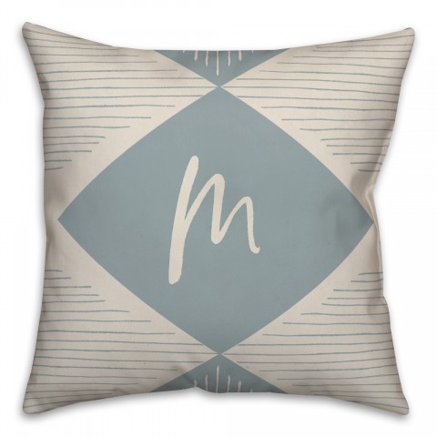 Cream and Blue Line Triangles Monogram Personalized 18 x 18 Indoor / Outdoor Pillow