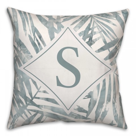 Blue Leafy Pattern Monogram Personalized 18 x 18 Indoor / Outdoor Pillow