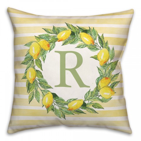 Yellow Stripe Lemon Wreath Monogram Personalized 18 x 18 Indoor / Outdoor Pillow