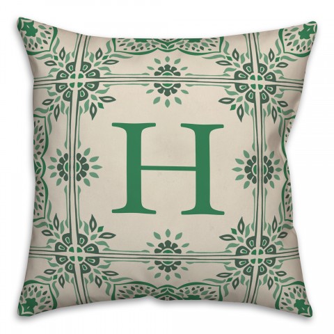 Folk Green Flower Pattern Monogram Personalized 18 x 18 Indoor / Outdoor Pillow