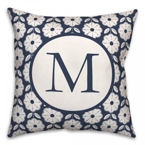 Mid Mod Navy Floral Monogram Personalized 18 x 18 Indoor / Outdoor Pillow