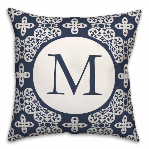 Navy Geo Floral Pattern Monogram Personalized 18 x 18 Indoor / Outdoor Pillow